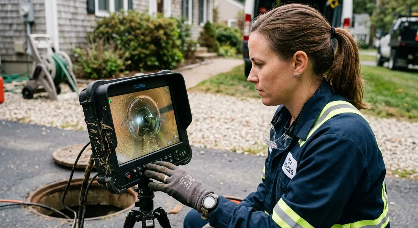Technician reviewing sewer camera inspection footage in Madera Ranchos
