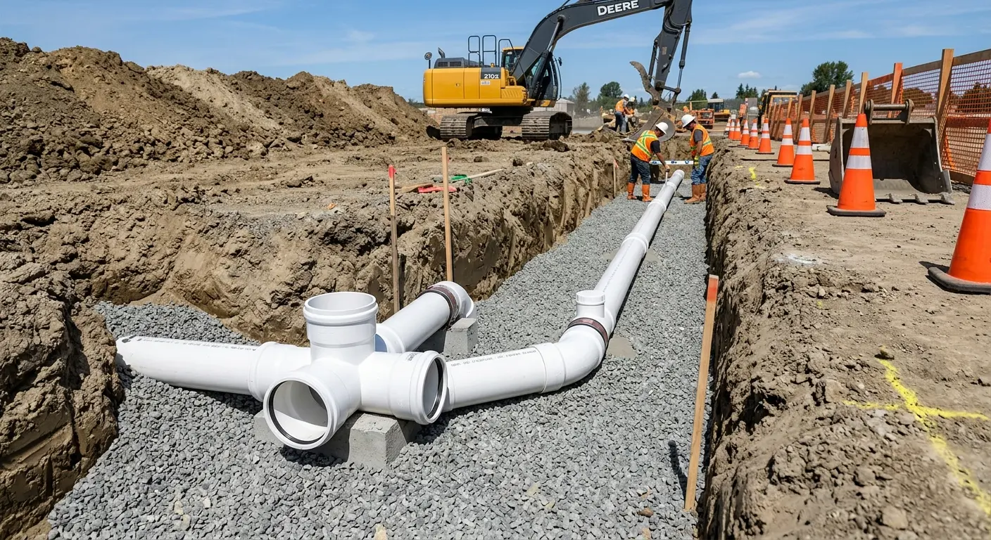 New PVC sewer pipe installation in open trench for Sewer Backup in Madera Ranchos