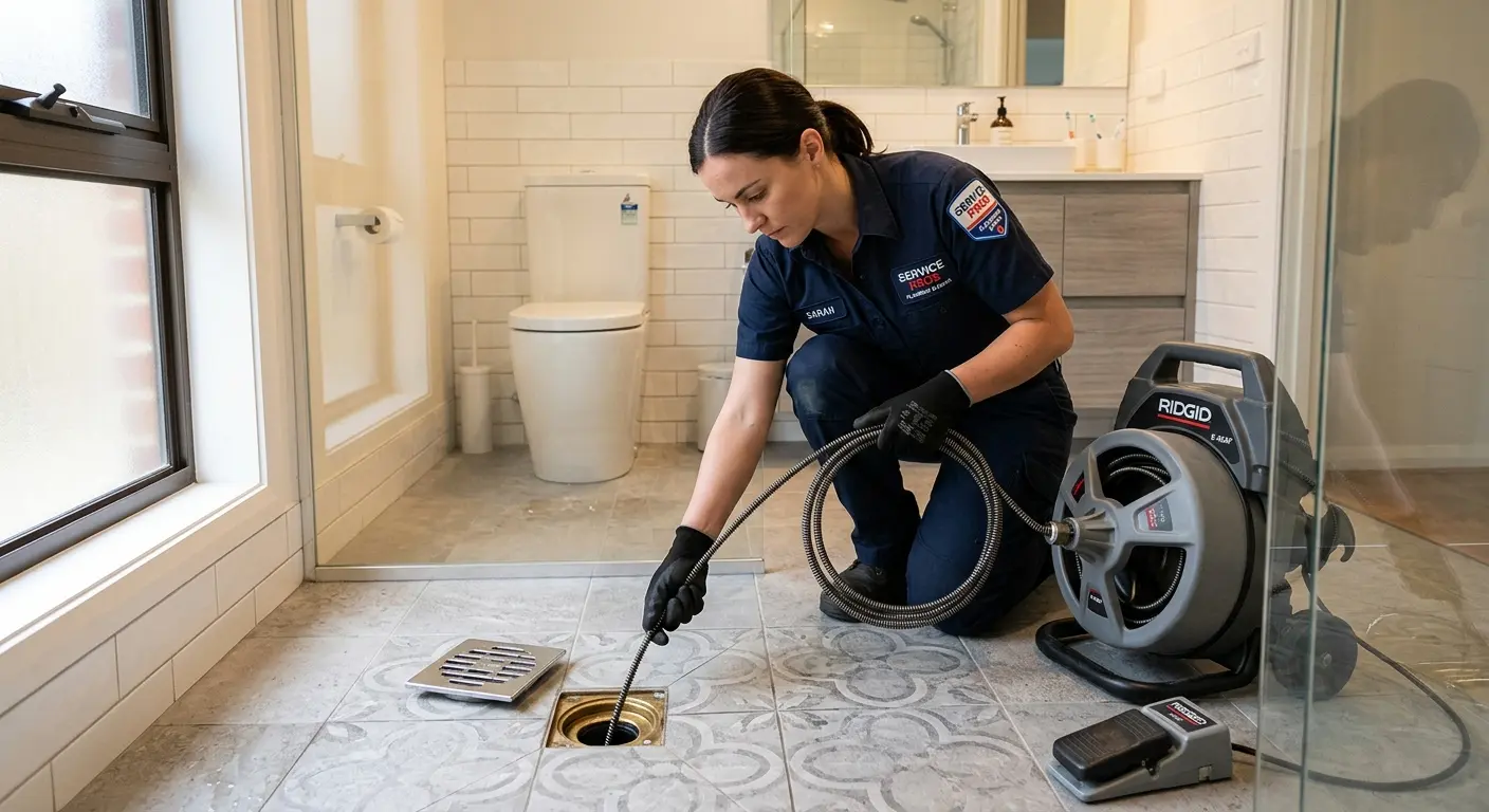 Technician clearing a bathroom floor drain for Sewer Line Replacement in Madera Ranchos